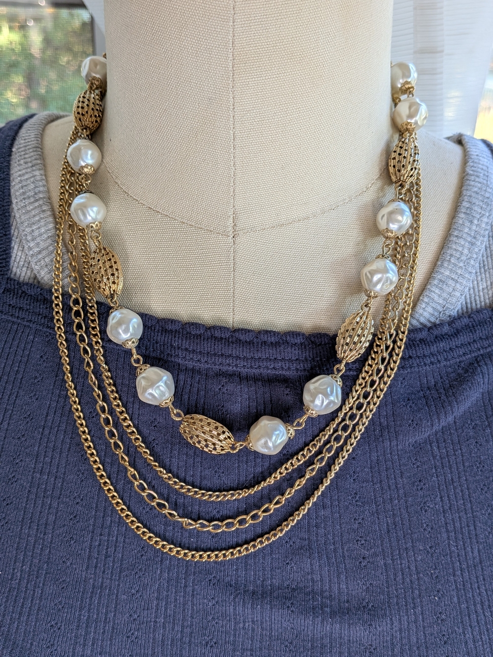 Vintage 4 Strand Gold Tone Faux Pearl Filigree Cage Bead Layered Necklace